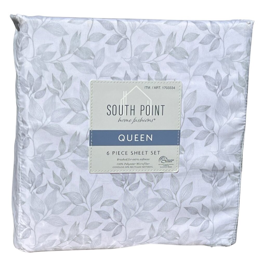 6 Piece Queen Size Sheet Set Microfiber by South Point NEW Gray Leaf - Picture 6 of 6